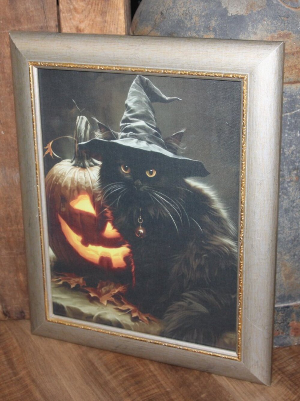 Dark Moody Black Cat Witch's Hat Jack-O'-Lantern Farmhouse Halloween Wall Deco